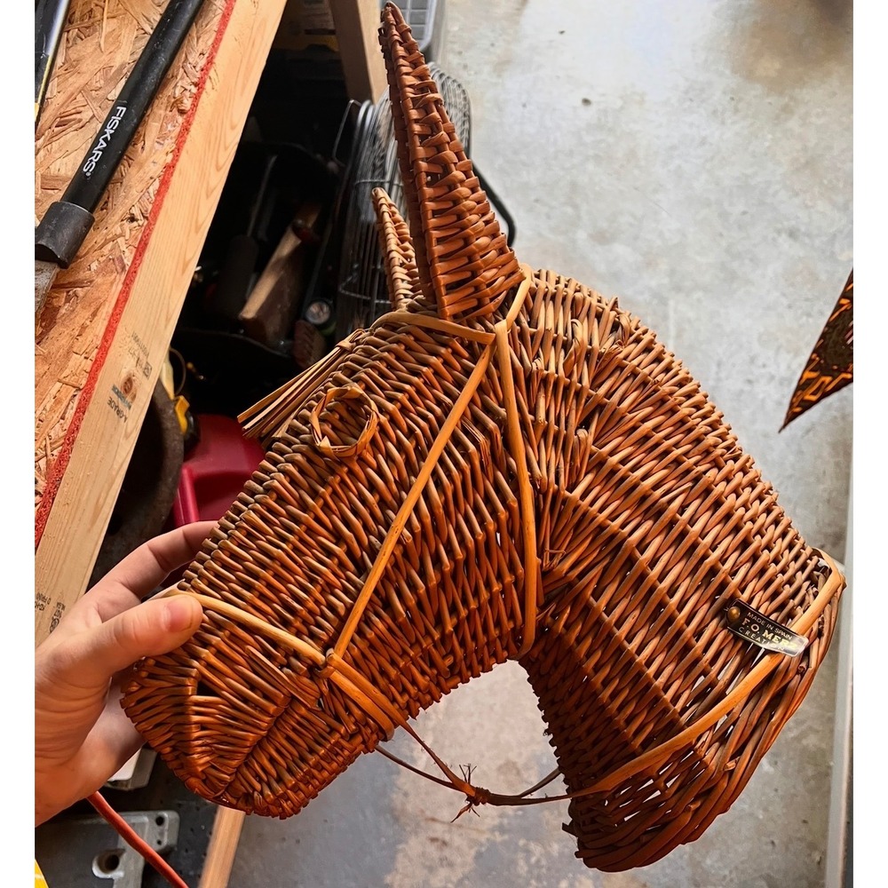 Vintage FO Merz Wicker Donkey Head Wall Hanging Spain Boho Folk Art Rattan Decor